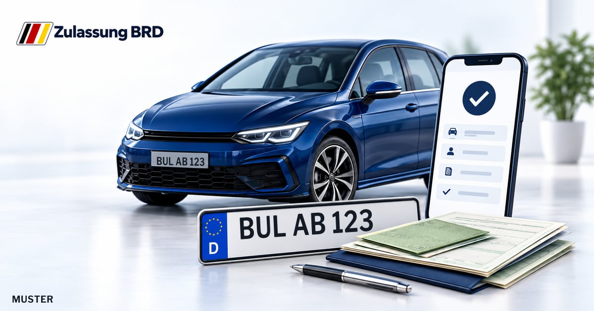 Online Fahrzeugzulassung in Maxhütte-Haidhof: Musterkennzeichen BUL AB 123, Auto und Fahrzeugpapiere und Smartphone. Illustration mit Logo von Zulassung BRD.